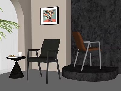 Black And Brown Dining Chairs On Display Platform Near Gray Wall With Colorful Painting 3d model