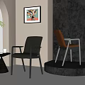 Black And Brown Dining Chairs On Display Platform Near Gray Wall With Colorful Painting