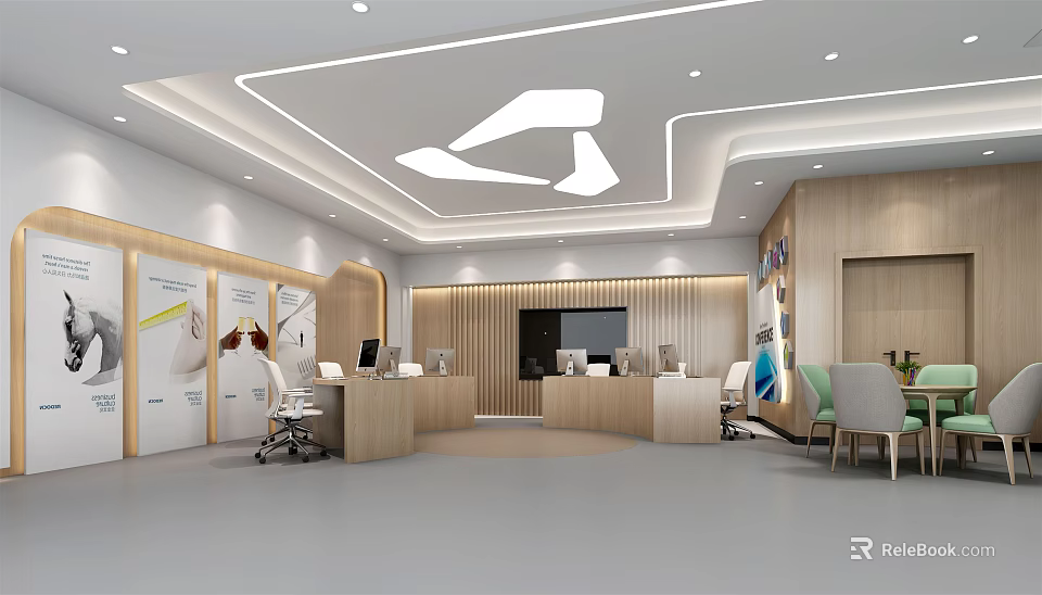 Modern Bright Reception Desk Area With Wooden Design And Office Seating 3d model 