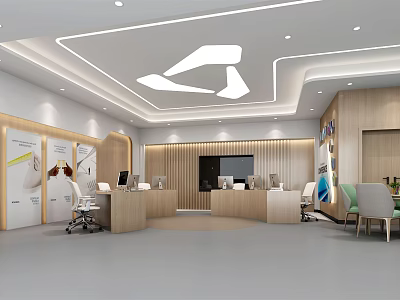 Modern Bright Reception Desk Area With Wooden Design And Office Seating 3d model