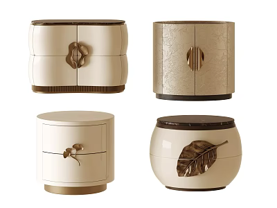 Modern Bedside Tables With Elegant Beige Brown Finish Gold Handles And Leaf Decoration 3d model