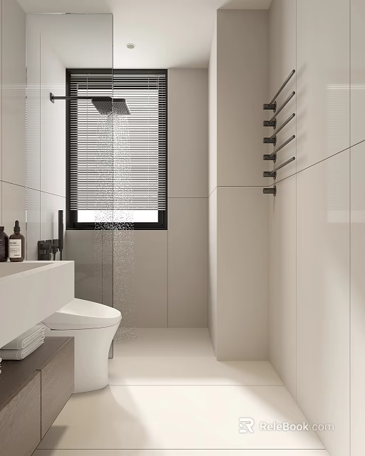 Modern Bathroom Interior Design With White Tile Walls Shower Area Toilet Vanity And Towel Rack 3d model 