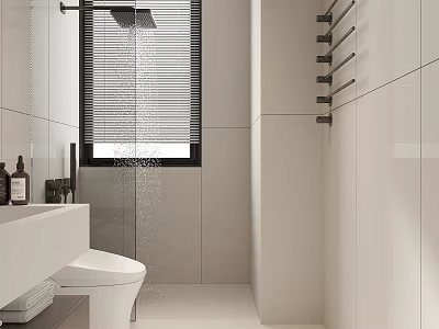 Modern Bathroom Interior Design With White Tile Walls Shower Area Toilet Vanity And Towel Rack 3d model