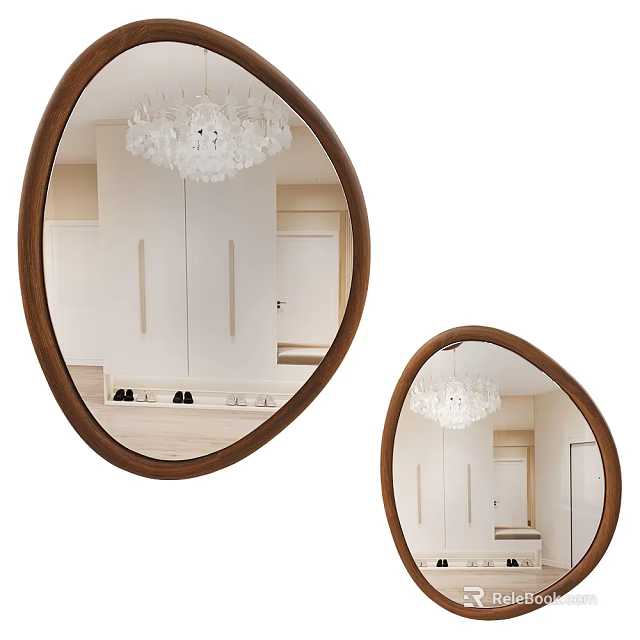 Oval Wooden Frame Mirror With Room Reflection Chandelier Wardrobe And Shoes On Floor 3d model 