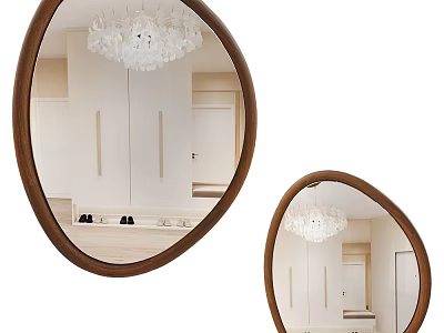 Oval Wooden Frame Mirror With Room Reflection Chandelier Wardrobe And Shoes On Floor 3d model