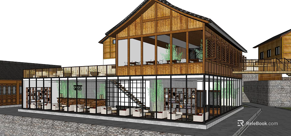 Traditional Modern Two Story Wooden Building Featuring Large Windows Balcony And Staircase Interior 3d model 