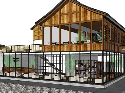 Traditional Modern Two Story Wooden Building Featuring Large Windows Balcony And Staircase Interior 3d model