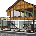 Traditional Modern Two Story Wooden Building Featuring Large Windows Balcony And Staircase Interior