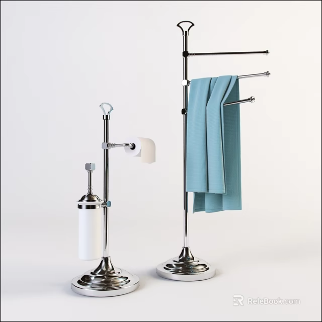 Modern Chrome Bathroom Towel Rack and Toilet Paper Holder with Round Base 3d model 