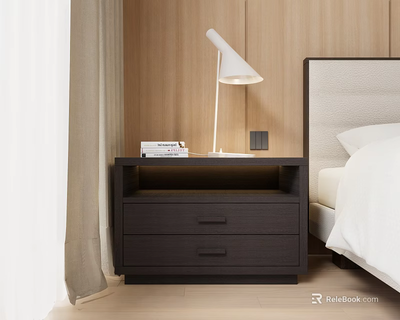 Modern Dark Wood Bedside Table With Two Drawers White Lamp And Bed 3d model