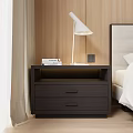 Modern Dark Wood Bedside Table With Two Drawers White Lamp And Bed 3d model
