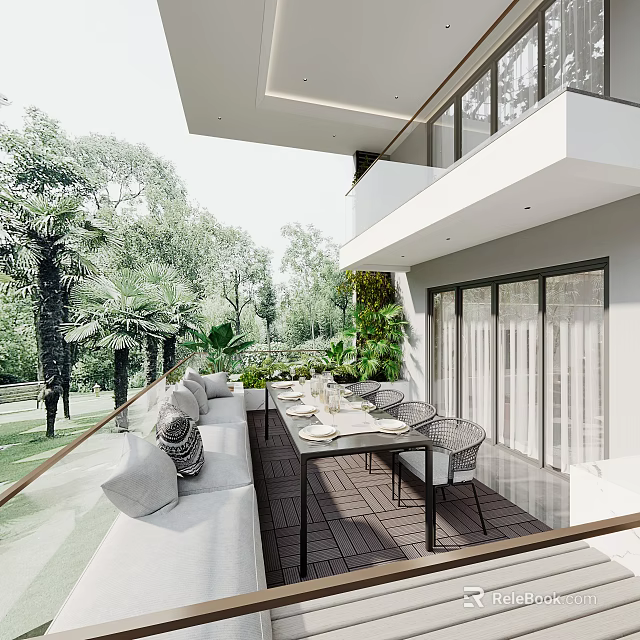 Modern Home Balcony Interior With White Sofa Dining Table Green Plants And Natural View 3d model 