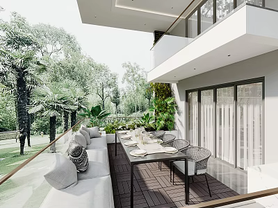 Modern Home Balcony Interior With White Sofa Dining Table Green Plants And Natural View 3d model
