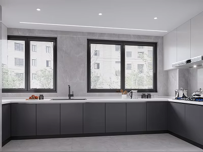 Modern Kitchen Interior Design With Dark Gray Cabinets White Countertops And Windows 3d model