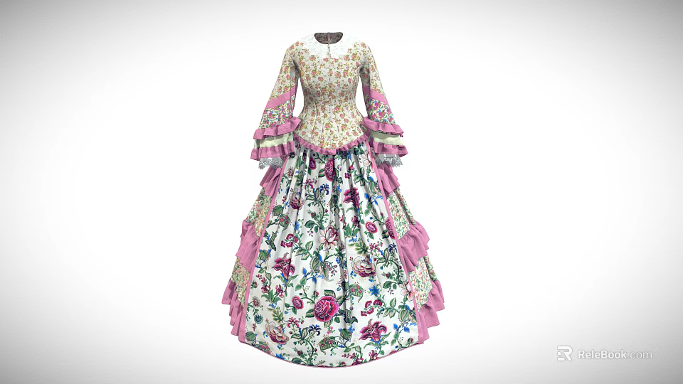 Floral Print Vintage Dress With Long Sleeves Pink Ruffled Trim And Fitted Waist Design 3d model 