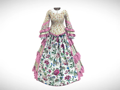 Floral Print Vintage Dress With Long Sleeves Pink Ruffled Trim And Fitted Waist Design 3d model