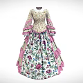 Floral Print Vintage Dress With Long Sleeves Pink Ruffled Trim And Fitted Waist Design