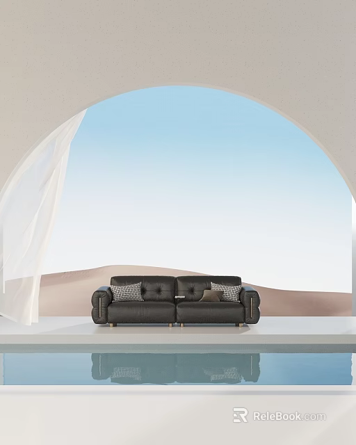 Black Sofa With Cushions On Platform Featuring Arched Window White Curtains Blue Sky Desert Landscape 3d model 