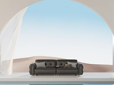 Black Sofa With Cushions On Platform Featuring Arched Window White Curtains Blue Sky Desert Landscape 3d model