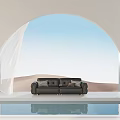 Black Sofa With Cushions On Platform Featuring Arched Window White Curtains Blue Sky Desert Landscape