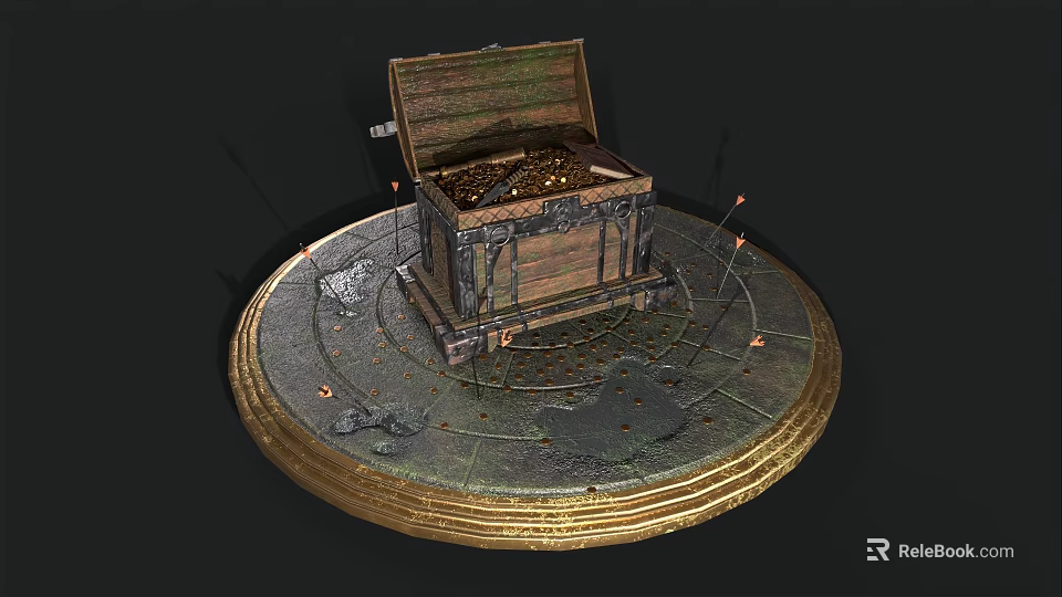 Open Wooden Chest Filled With Gold Coins On Circular Metal Base With Decorations And Candles 3d model 