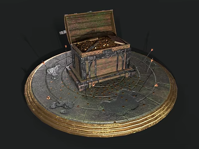 Open Wooden Chest Filled With Gold Coins On Circular Metal Base With Decorations And Candles 3d model