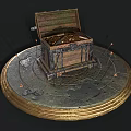 Open Wooden Chest Filled With Gold Coins On Circular Metal Base With Decorations And Candles