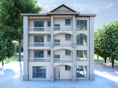 Three Story Detached Villa With Modern Exterior Balconies Large Windows And Trees Around 3d model
