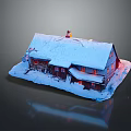 Cartoon Scenery Of Snow Covered Cottage With Lit Windows Snowy Roof And Snowy Ground