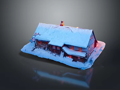 Cartoon Scenery Of Snow Covered Cottage With Lit Windows Snowy Roof And Snowy Ground 3d model