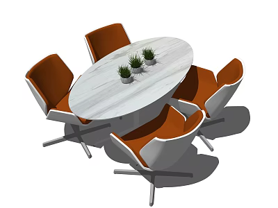 Oval White Dining Table with Four Orange Chairs and Green Plants 3d model