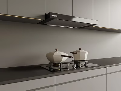 Modern Kitchen With Hisense Range Hood Black Countertop And White Cooking Pots On Stove 3d model
