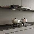 Modern Kitchen With Hisense Range Hood Black Countertop And White Cooking Pots On Stove