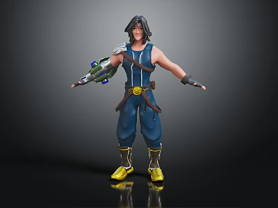 3D Male Warrior Character With Black Hair Blue Outfit Mechanical Arm And Yellow Shoes 3d model