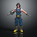 3D Male Warrior Character With Black Hair Blue Outfit Mechanical Arm And Yellow Shoes