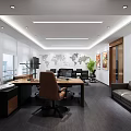 Modern Office Conference Room With Large Table Black Chairs Bookshelf Wall Paintings And Window View