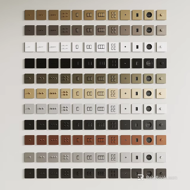 Various Colored Switch Panels With Different Designs Arranged In Rows For Home Use 3d model 