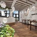 Cozy Milk Tea Shop Interior With Mural Paintings Potted Plants Hanging Lanterns And Wooden Tables
