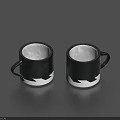 Two Modern Black and White Mugs with Wave Pattern Handle on Dark Surface