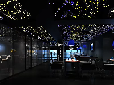 Luxury Modern Bar Interior With Colorful Ceiling Lights And Tables 3d model