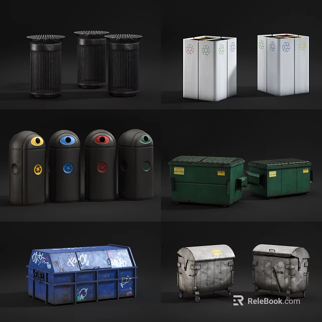 Public Facilities With Various Colored Trash Bins And Recycling Containers 3d model 
