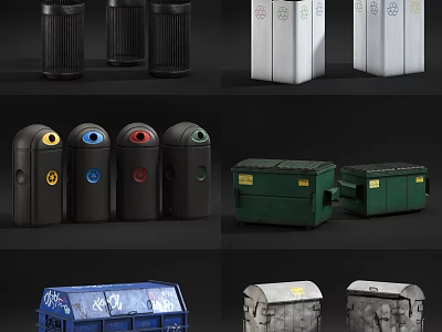 Public Facilities With Various Colored Trash Bins And Recycling Containers 3d model