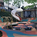 Colorful Kids Play Area With Wave Pattern Buildings Slides Trees And Vibrant Design
