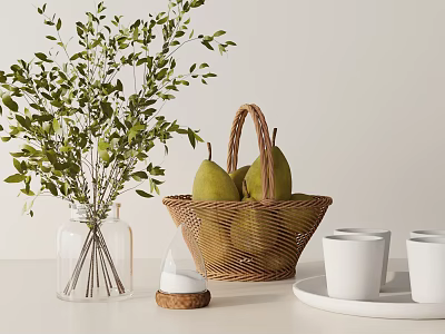 Decorative Ornament Set With Green Leaf Vase Wicker Pear Basket White Cups And Tray 3d model