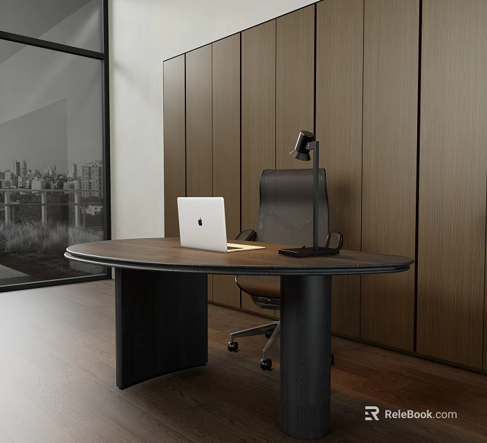 Modern Wooden Desk With Laptop Lamp And Ergonomic Chair By Large Window City View 3d model 