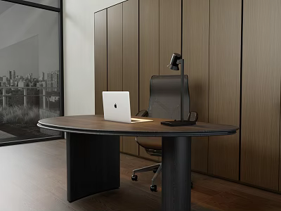Modern Wooden Desk With Laptop Lamp And Ergonomic Chair By Large Window City View 3d model