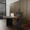 Modern Wooden Desk With Laptop Lamp And Ergonomic Chair By Large Window City View