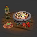 Udon Noodles Bowl With Egg Vegetables Soy Sauce Bottle Green Tea Cup And Strawberries