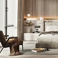Modern Bedroom Interior With Wooden Slat Wall Large Bed Glass Wardrobe And Soft Lighting
