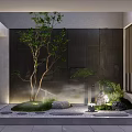 Indoor Landscape Interior With Sunlight Stone Wall Green Tree Ferns And Water Fountain